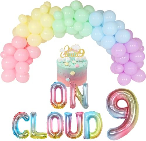 KOYMEMO On Cloud 9 Geburtstagsdekorationen für Mädchen Pastell Rainbow Balloon Garlande Arch Kit On Cloud 9 Cake Topper Ballon Banner für Sky Theme 9. Geburtstag Party Supplies
