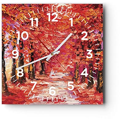 Modern Wanduhr Herbst Park Allee 40x40cm Quadrat Groß Wand Uhr Glas Analog Zimmeruhren Küche Büro Wohnzimmer Glasuhr Wall Clock Dekoration Design Wanddekoration Küchenuhr C4AC40x40-4292