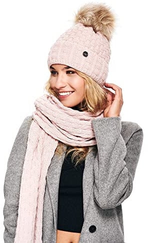 ELIMELI Mütze und Schal Set Damen Winter - Warme Strickmütze mit Bommel, Winterset Strick Beanie für Winter (Rosa - Set mit Schal)