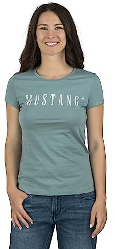 MUSTANG Damen T-Shirt Rundhals O-Neck Basic Slim Fit Kurzarm Logo Print Sommer Shirt 100% Baumwolle Weiß Blau Grün Rot S M L XL XXL, Größe:L, Farbe:Türkis (1014023-6236)