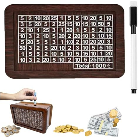 SLshiBo Spardose aus Holz, Retro Sparbüchse, Sparbox 1000 Euro, Wiederverwendbare Spardose mit Sparziel und Zahlen zum Ankreuzen Sparschwein Hilft Kindern Die Gewohnheit Zum Sparen
