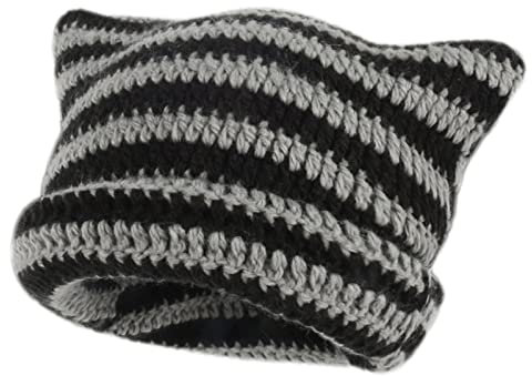 Katze Beanie Häkelmützen Wintermützen Mit Katzenohren Gestreifte Strickmütze Cap Kopfbedeckung Strickmütze Trendy Beanies Wintermütze Y2k Gothic Knitted Slouchy Winter