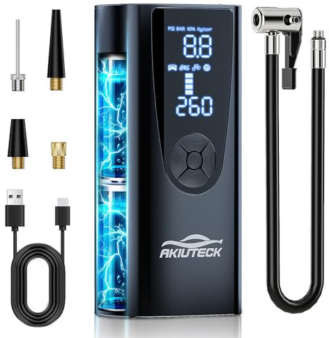 Akiuteck Compressore d'aria portatile, senza fili, 150 psi, 20000 mAh, con manometro digitale LCD, pompa intelligente con luce LED, gonfiaggio rapido per auto/moto/bicicletta/pneumatici/palline