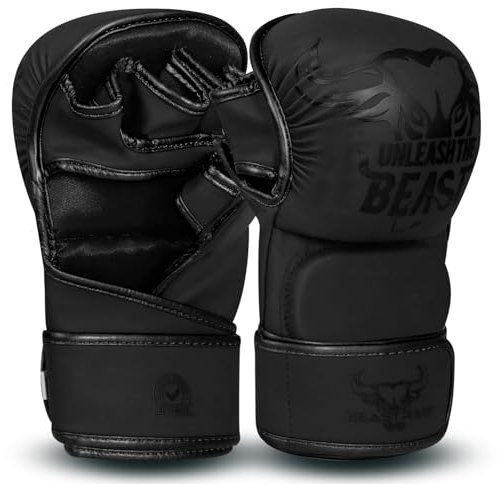 BEAST RAGE MMA Gants pour Hommes et Femmes, Support de Poignet Ajustable, Paume Ouverte, Gants d'arts Martiaux pour Muay Thai, Combat en Cage, Taekwondo (Noir, S/M)