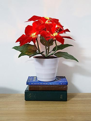 Fiori di Stella di Natale Artificiali Decorazioni Natalizie in Vaso, Pianta di Stella di Natale Rossa Realistica Illuminata a LED, Pianta in Vaso Artificiale Piante di Fiori di Natale Lampada da(#1)
