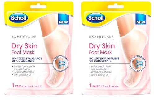 Scholl ExpertCare Dry Skin Foot Mask - Nourishing Foot Mask with Coconut Oil, Urea, and Shea Butter - 24-Hour Moisture for Dry Foot Skin - 1 Pair of Foot Mask Socks, One Size (Pack of 2)