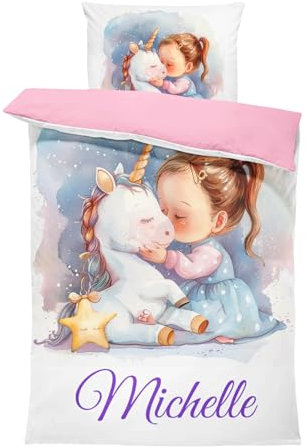 Pictogogo Personalisierte Baby Bettwäsche, Kinderbettwäsche, Bettwäsche Mit Namen, Babybett Komplett Set Mit Reißverschluss, Oeko-TEX Standard 100 (Einhorn 2, 100 x 135 cm)