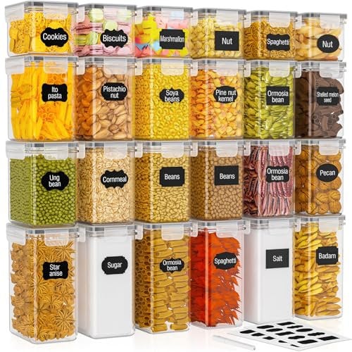 24 Pack Food Storage Containers - 33.6L, BPA Free, Airtight Kitchen Storage for Cereal, Flour, Sugar & Baking Supplies with 24 Labels & 1 Marker