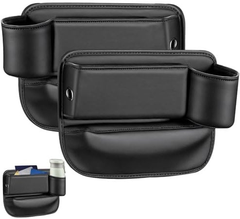 Neyeau Seat Gap Storage Box 2PCS,Car Seat Gap Filler Organiser,Car Seat Gap Storage Box With Cup Holder,PU Leather Car Organizer Front Seat,for Storaging Mobile Phones Keys Cards Wallets