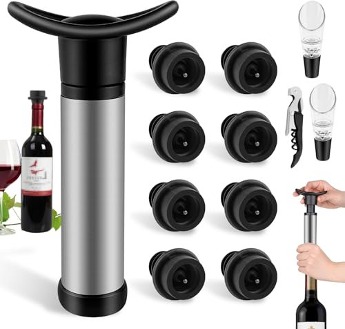 GZLFH 1 Stück Weinpumpe Vakuum, Wein Vakuumpumpe mit 8 Wiederverwendbaren Weinstopfen 1 Süctk Flaschenöffner und 2 Süctk Ausgießer, Weinverschluss Vakuum für Wein