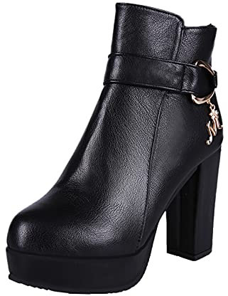 Generico Stivaletti Bikers Donna Stivali per Gambe Grosse Tacchi Corti e Traspiranti alla Scarpe con Cerniera retrò Stivali Alti e robusti Stivali da Donna Scarpe Pelliccia Donna (Black, 40)