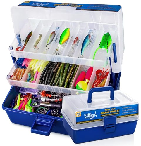 Vipfish 448-delars fiskedrag kit – komplett 3-lagers tackelbox set med krokar, vikter, spöbar, tång, riggar, ledare, fluorkarbonlina, tillbehör och mer för fiskeentusiaster