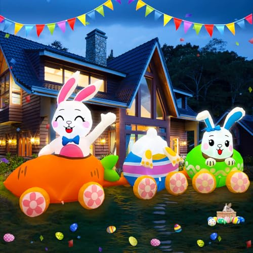 SEASONBLOW Aufblasbare Oster-Zug, 2,7 m, Outdoor-Dekorationen, Hasenfahrt, Karottenzug mit Ei, LED-beleuchtet, aufblasbares Kaninchen für Hof, Garten, Rasen, drinnen und draußen, Zuhause, Urlaub