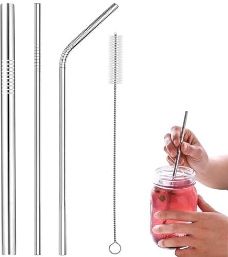 WOLMIK 304 Edelstahl Strohhalme Wiederverwendbar, 3 Metall Trinkhalme Im Set, Mit Reinigungsbürsten, Umweltfreundlich, Ungiftig, Waschbar, Ideal Für Smoothie, Milchshake