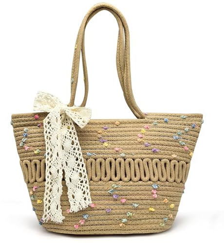 Pahajim Sac Plage Paille Cabas Femme Sac Crochet en Corde de Coton Grand Sacs Panier avec Fermeture Éclair Chic Woven Bag pour Ete Voyage Vacances