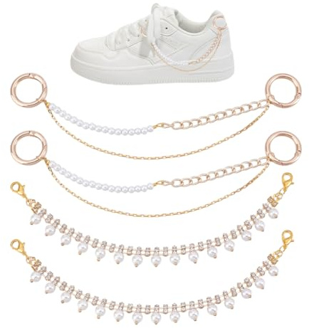 UNICRAFTALE 4 Stück 2 Stile Perlen Schuhketten Goldene Mehrlagige Perlen Schnürsenkel Anhänger Metall Sneaker Kette Schichten Quaste Stiefelkette Mit Verschluss Dekorationszubehör Für Damensandalen