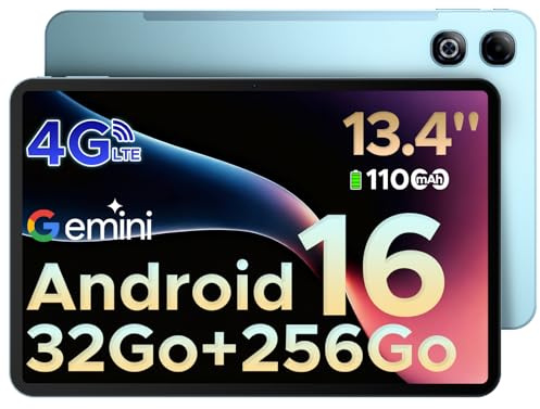 DOOGEE Tab G6 Max Tablette Android 16, Tablette avec Carte SIM, Tablette Tactile 13.4 Pouces FHD+ 90HZ, 32Go+256Go(2TB TF), 11000mAh+18W, Corps Métallique Ultra-Mince 7,7mm, Gemini AI/Face ID/OTG,Bleu