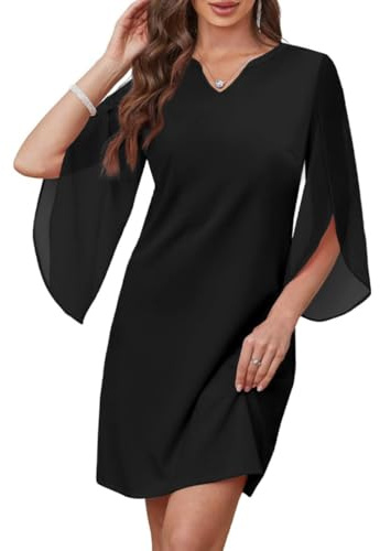 AOWVUTS Robe de Cocktail pour Femme Midi Robes en Mousseline Manches 3/4 Robe Courte Chic et Élégante Col en V Robes Unie A-Line Coupe Ample de Mariée pour Fête Soirée Mariage Bal Promo