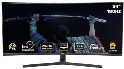Twisted Minds TM34CWQHDVA 34-Inch Ultra-Wide Curved Gaming Monitor – WQHD 3440×1440, 180 Hz, 1 ms (OD), HDR10, 1500R Curvature, FreeSync & G-Sync Compatible, Dual HDMI 2.1, DisplayPort, Speakers