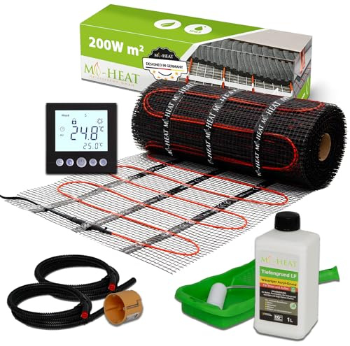Mi-Heat Elektrische Fußbodenheizung 200W/m² 8,0m² – Dünnbettheizmatte zur Verlegung in Ausgleichsmasse – Set für Fliesen, Vinyl, Parkett & Laminat – mit Thermostat c16 digital schwarz