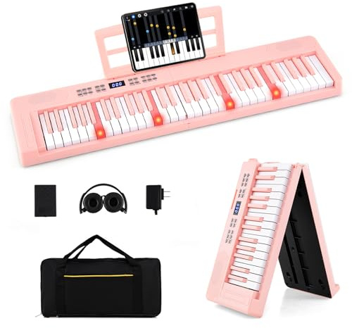 COSTWAY Keyboard Piano 61 Tasten, Klappbares Digitalpiano mit MIDI & Split-Funktion, 128 Tönen & Rhythmen, Tragbares Klavier mit Kopfhörer & Sustain-Pedal, E-Piano für Anfänger (Rosa)