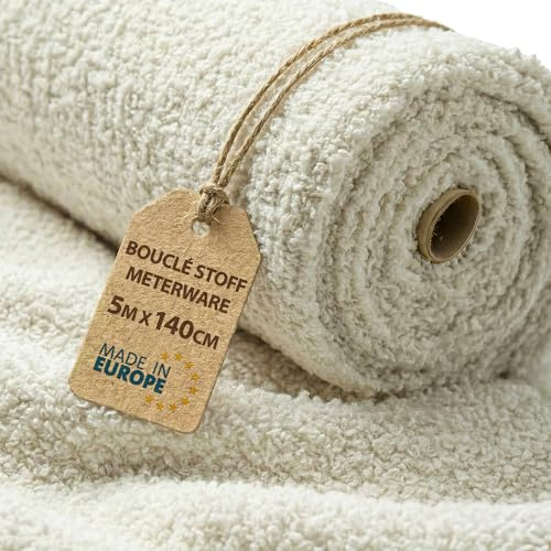 Bouclé Stoff Meterware 5 M x 140 cm Teddystoff – Möbelstoff Polsterstoff für Sofa Sessel Bezug Kissen Decken Gardinen weich und strapazierfähig mit Oeko Tex Hellbeige