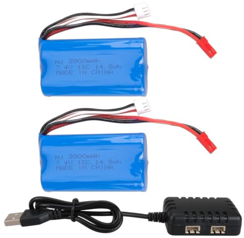 2er Pack 2000mAh 7,4V 2S 15C Hochleistungs Li-Ion RC-Akkus mit JST-Stecker, Universell Passend für RC-Autos, LKWs, Hubschrauber und Boote, mit 1-auf-2 USB-Ladegerät