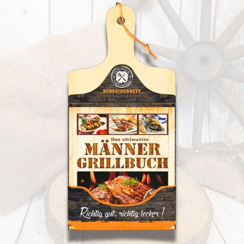 AV Andrea Verlag Das ultimative Männer Grillbuch Set mit Holz Schneidebrett und Lederriemen – Perfekte Geschenkidee für Grillfreunde – Inklusive Rezepte für Fleisch, Fisch, Gemüse und Cocktails