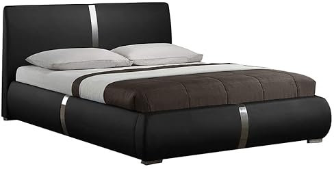 Doppelbett schwarz 160 x 200 Qualität EXCELLIUM – Elegantes Design – mit Kopfteil, Füße aus Metall und Lattenrost integriert – Eden