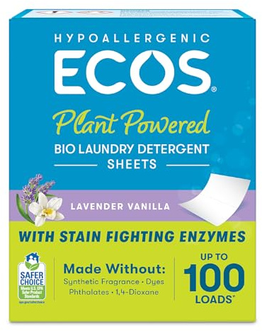 ECOS Laundry Detergent Sheets Vegan, No Plastic Jug, No Mess & Liquid Free - Laundry Sheets in Washer - Hypoallergenic, Plant Powered Laundry Detergent Sheets - Lavender - 50 Sheets (Pack of 1)