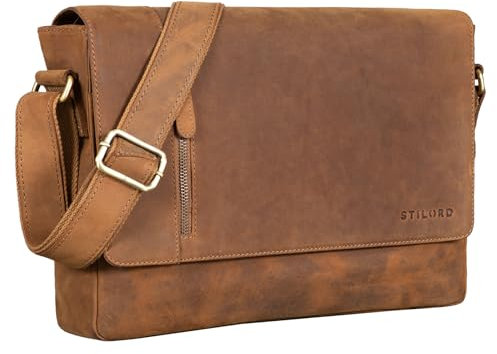 STILORD 'Davis' Messenger Bag Leder 13 Zoll Laptop Tasche Vintage Umhängetasche Schultertasche für Uni Büro Büchertasche Messengertasche Echtleder Damen und Herren, Farbe:tan - dunkelbraun