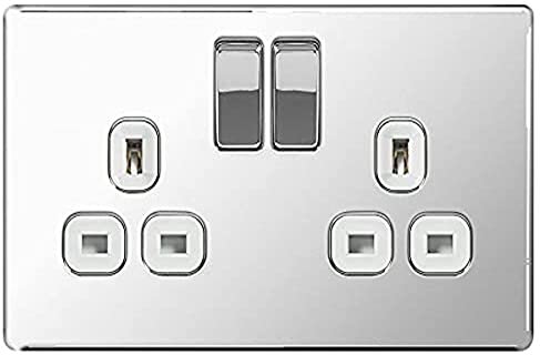 BG Electrical FPC22W 13 A 2-Gang Metal Double Pole Switched Socket - Flat Polished Chrome - 5 pack