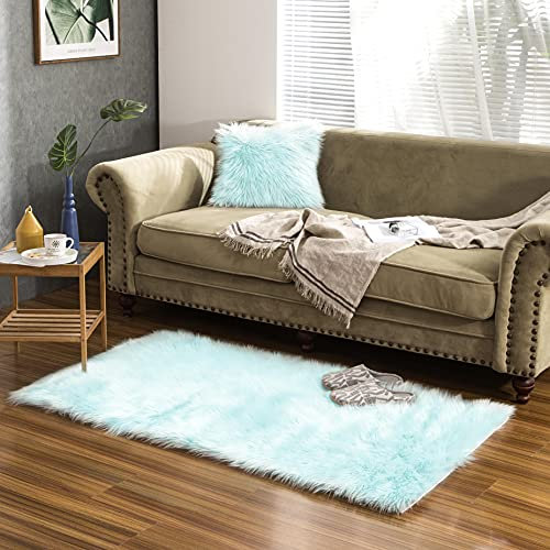 Teppich Wölkchen Schaffell Lammfell Imitat Fellteppich Kunstfell Teppich Waschbar - Flauschiger Teppich Wohnzimmer, Bettvorleger Schlafzimmer - Mint Grün - 80x150 cm