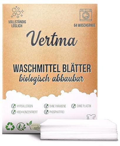 Vertma®-Detersivo in fogli per lavatrice-Detersivo in Fogli Biodegradabile-(64 lavaggi)-A Base di Piantes-Efficace su Tutti i Tessuti-Detersivo Dei Bambini- Ipoallergenico-Zero Rifiuti-Profumo Fresco