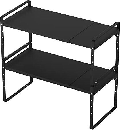 SANNO Erweiterbares Schrank-Aufbewahrungsregal groß stapelbar Thekenregal Organizer Schrank Teller Geschirr Theke und Speisekammer, Schwarz, 2 Stück