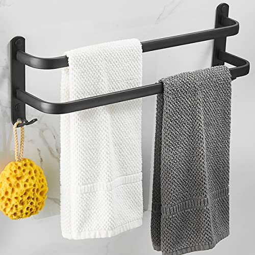 Bathroom Towel Rail 60cm, Towel Rack, Black Matt Towel Rail with Towel Rails and Hook Design, Towel Holder, Wall, Towel Holder, No Drilling Required