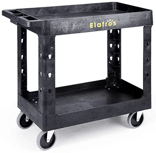 ELAFROS Robuster Kunststoff-Allzweckwagen, 86.3x43.2 cm, Arbeitskarren, Wannenaufbewahrung mit tiefen Regalen und voll schwenkbaren Rädern, Garage, Reinigung