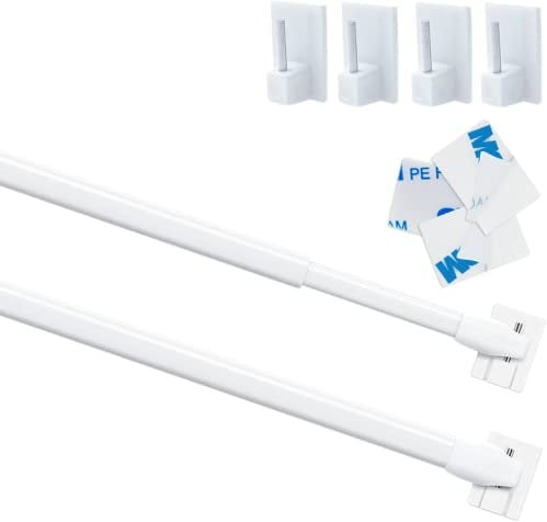 2Pcs Net Curtain Rods Extendable Curtain Rod with 6Pcs Plastic Sticky End Window Hook for Home Bathroom、Windows(30-50CM/12-19Inch,White)