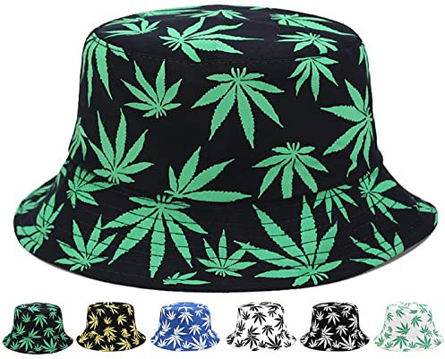 Vikodah Wendbarer Fischerhut mit Marihuana-Cannabis-Unkraut, faltbarer Fischerhut für Damen und Herren, Schwarz-grünes Blattmuster, 7/7 1/4