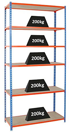 PROREGAL Schwerlastregal Giant MULI | HxBxT 250x120x40cm | 6 Fachböden | Fachlast 200kg | Blau-Orange | Lagerregal Kellerregal Werkstattregal Metallregal Fachbodenregal Steckregal