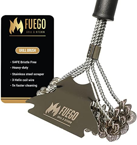 Fuego Brosse et grattoir pour barbecue | Sans poils | Grattoir en acier inoxydable de qualité supérieure et brosse métallique triple hélix | Poignée ergonomique robuste de 43,2 cm de long | Nettoyant