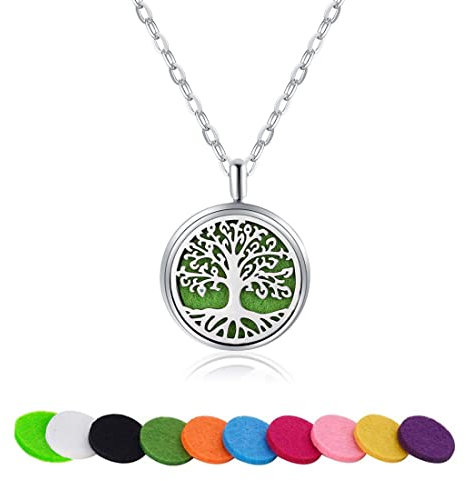 Aromatherapie Kette Aroma Diffuser, Aromatherapie ätherisches Öl Diffusor Frauen Halskette, versilbert Baum des Lebens Anhänger mit 10 Stück Baumwolldichtung, Geschenk für Mutter, Freundin