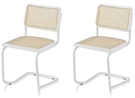 KHG 2er Set Schwingstühle Freischwinger weiß - Rückenlehne und Sitzfläche aus Massivholz Buche und Rattan - Esszimmerstuhl, Küchenstuhl Design Stuhl mit Wiener Geflecht