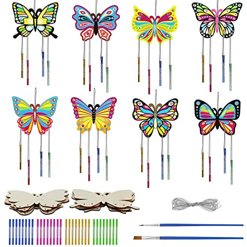 LETTERASHQP 8 Stück Schmetterling Windspiel Bastelset Windspiel Bastelset Kinder Schmetterlings Basteln Windspielbastelset Schmetterlings Holz Basteln Kindergeburtstag Basteln&DIY