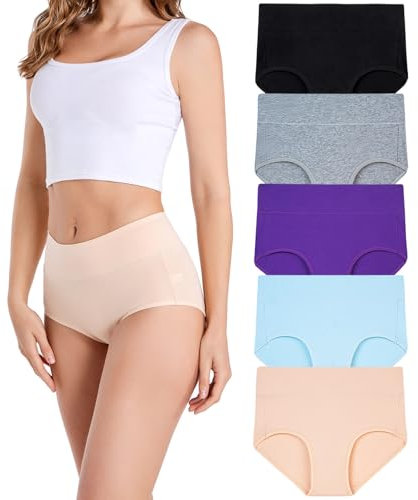 HAVVIS Unterhosen Damen Stretch Baumwolle Hohe Taille Slips Weich Atmungsaktiv Bequeme Unterwäsche Mehrpack (L, C03-5er Pack - Mehrfarbig)