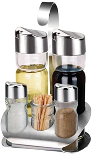 Muzrunq Cruet Set Stainless Steel Kitchen Spice Bottles Set with Stand Salt and Pepper Shakers Oil and Vinegar Box Condiment Server Holder-Cooking Tools 5Pcs