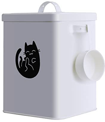 Dog and Cat Food Storage Container Metal Cat Treats Bin Cat Food Bin with Tight Lid and Scoop for Kitchen Countertop, Shelf Great Gift for Cute Pets(White)