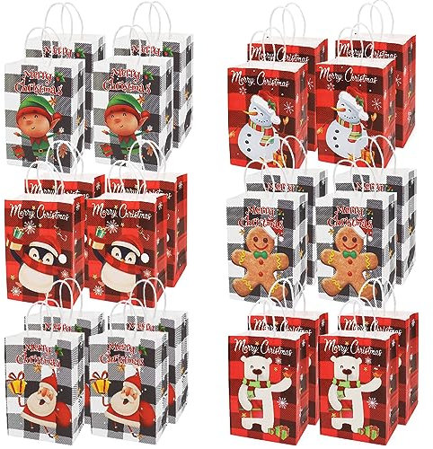 24PCS Weihnachtsgeschenktaschen 6 verschiedene Arten Taschen Kraftpapiertaschen mit Griffen Weihnachts Taschen mit Weihnachtsdrucken für Weihnachtsgeschenkverpackung Weihnachtsfeierzubehör