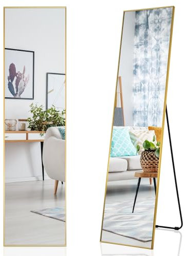 LIFEZEAL Miroir Mural Long, Miroir sur Pied avec Cadre 160 x 40 cm, Miroir Rectangulaire pour Salon, Chambre à Coucher, Salle de Bain, Moderne et Élégant (Or)