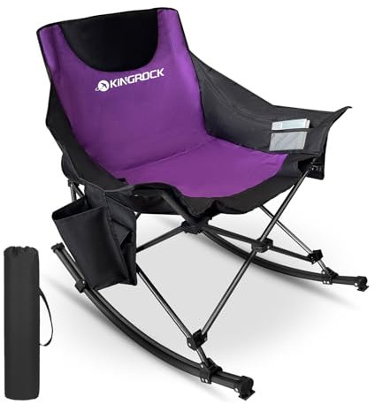 KINGROCK Oversized Rocking Camping Chair with Headrest and Carry Bag, 260LBS Capacity Folding Portable Camp Chairs for Adults, Recliner for Outdoor, Beach, Fishing, Travel, Sports Games,Purple